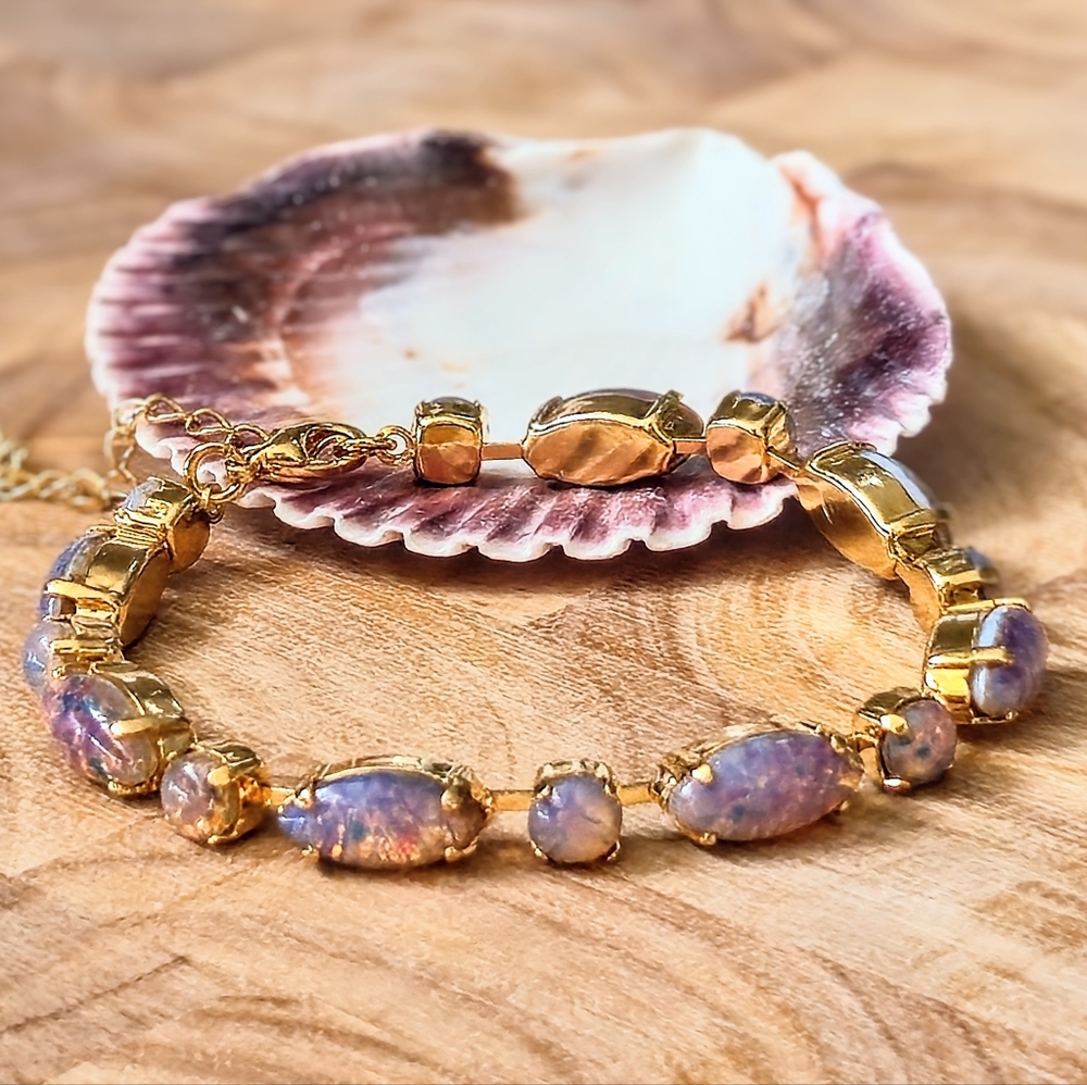 Pink Fire Opal Czech Glass In Classic Statement Tennis Gold Plated Bracelet